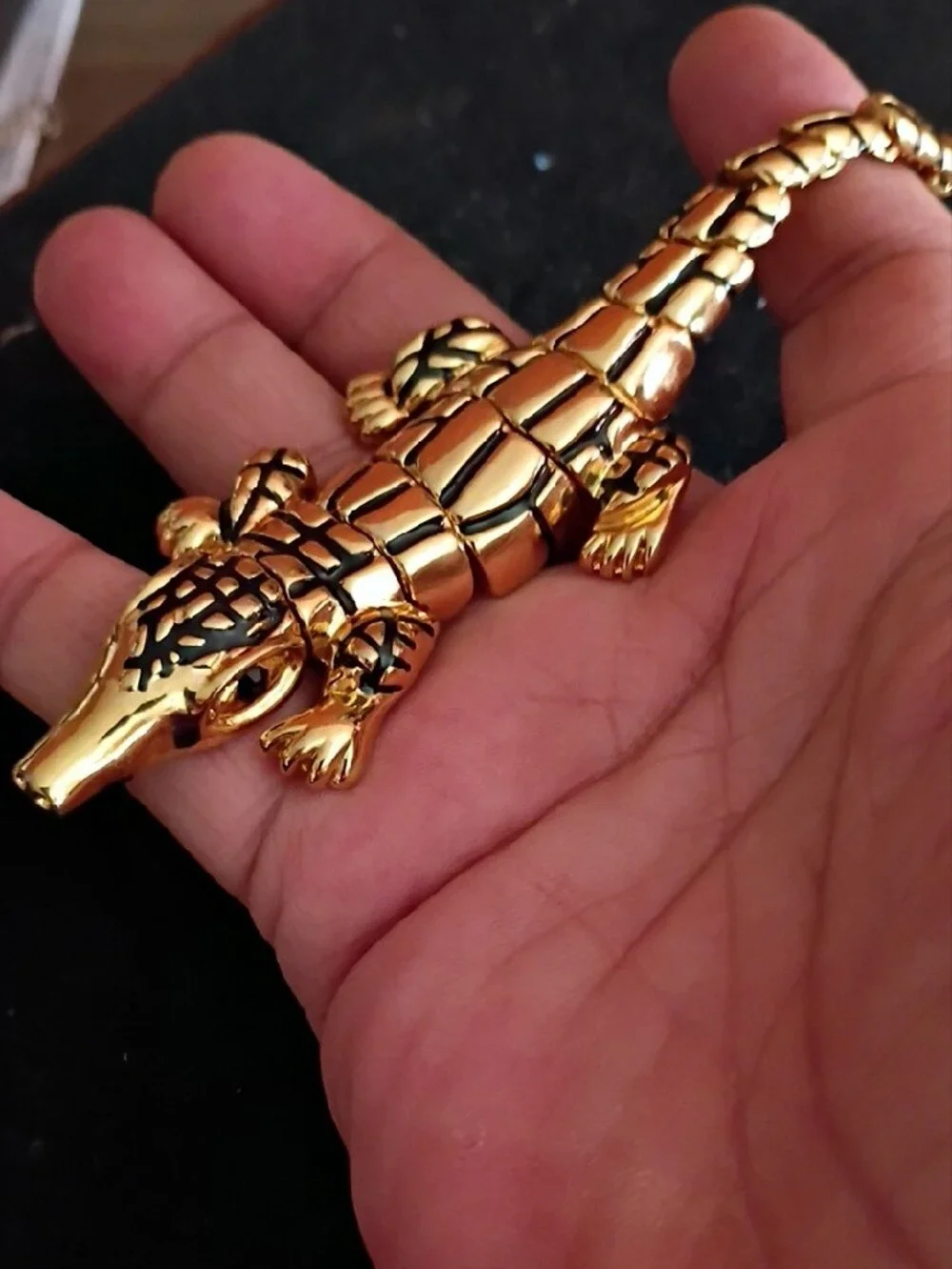 Gold and Black Crocodile Brooch Pin by